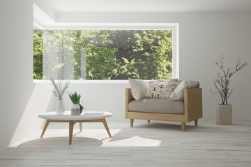 Idea of white room with armchair and summer landscape in window. Scandinavian interior design. 3D illustration