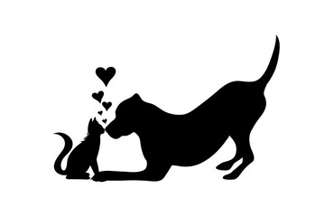 Vector silhouette of dog and cat on white background.