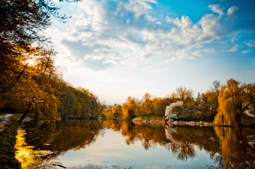 Fototapeta premium Beautiful natural landscape. A variety of bright orange yellow autumn trees reflected on the surface of the water of a large smooth glossy lake