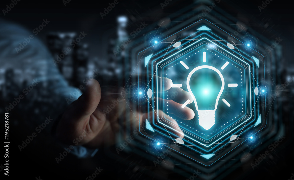 Fototapete businessman using lightbulb idea interface 3d rendering