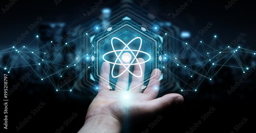 Poster Businessman using modern molecule structure 3D rendering