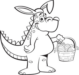 Black and white illustration of a dinosaur wearing rabbit ears and holding an Easter basket.