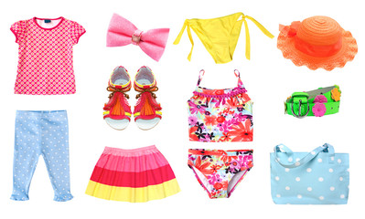 Child girl summer clothes set isolated.