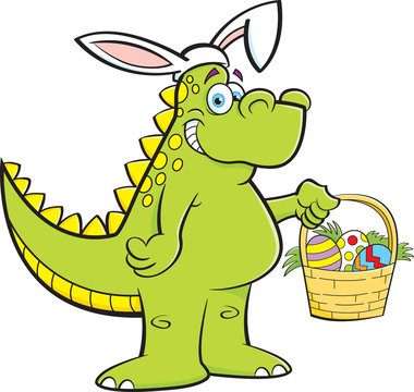 Cartoon illustration of a dinosaur wearing rabbit ears and holding an Easter basket.