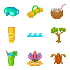 Tropic adventure icons set, cartoon style