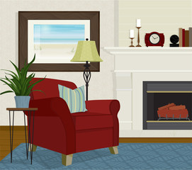 Home interior with big red chair, fireplace, floor lamp and houseplant. Flat style with perspective, minimal detail, texture and shadow.