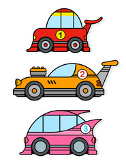 Three different colorful cartoon racing toy cars