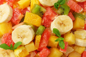 healthy citrus fruit salad background. top view