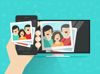 Fototapeta na wymiar Smartphone connected to tv showing photos vector illustration, flat cartoon mobile phone wirelessly connection to led television display streaming photo cards, concept of tv media player and cellphone
