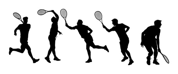 Man tennis player vector silhouette isolated on white background.  Sport tennis silhouette isolated. Man recreation after work, anti stress therapy.