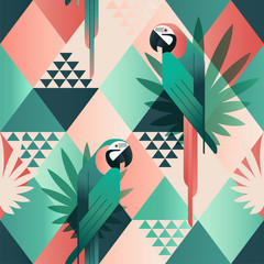Modèle sans couture à la mode de plage exotique, patchwork illustré de feuilles tropicales vectorielles florales. Perroquets rouges et verts de la jungle. Mosaïque de fond d& 39 impression de papier peint.