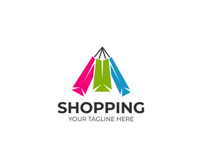 Colorful paper shopping bags logo template. Purchase vector design. Online buying illustration
