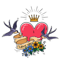 Holiday illustration with pink heart and gold crown. Swallows fly and hold ribbon decorated with flowers. I love you