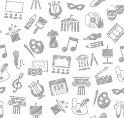 Culture and art, seamless pattern, shading pencil, white, vector. Leisure and cultural activities. Cultural events and the attributes of art. Gray icons on a white field. 
