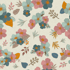 Colorful seamless pattern - flowers in vintage style, spring, cherry, apple tree in bloom - vector illustration. Eps 10. Editable patterns.