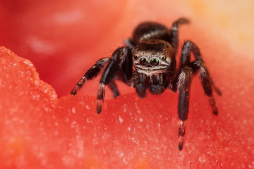 Jumping spider on the red tomato background
