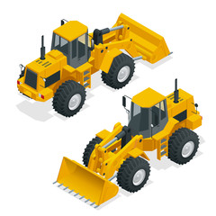 Isometric Vector illustration yellow bulldozer tractor, construction machine, bulldozer isolated on white. Yellow Wheel Loader, Front Loader. Loading Shovel. Heavy Equipment Machine. © Golden Sikorka