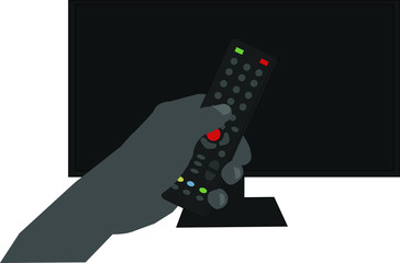  Ludzka ręka trzymająca pilota od telewizor, w tle duży telewizor. 