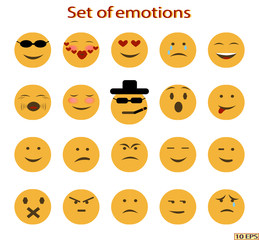 Set of emoticon. Smiley yellow face with emotions of mood. Expression on face. Collection of smile icons emoticon. Funny cartoon smiley with emotions. Vector illustration emoji.