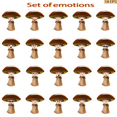 Set of emoticon. Mood. Icons cartoon mushrooms with different emotions. Smiley icons for web design. Icons from fungi. Different characteristic expressions. Vector illustration.