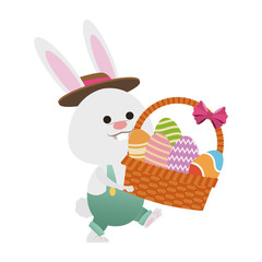 Cute rabbit holding basket with easter eggs icon vector illustration graphic design