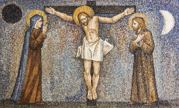 CARAVAGGIO, ITALY - 24-8-2016. Mosaic : crucifixion