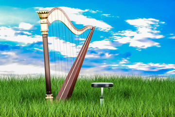 Naklejka na ściany i meble Harp in green grass against blue sky, 3d rendering