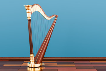 Harp on the wooden floor in the room, 3D rendering