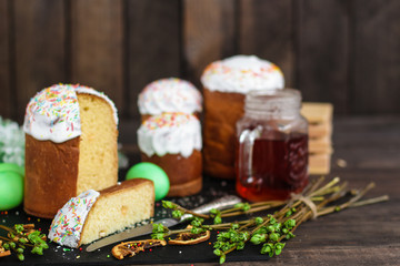 Easter cake and Easter eggs (traditional decoration and attributes). Happy easter!