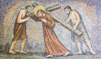 CARAVAGGIO, ITALY - 24-8-2016. Mosaic : Via crucis
