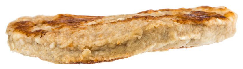 Single grilled hamburger patty isolated on white