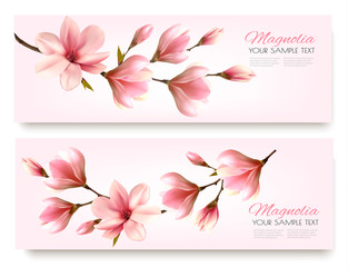 Nature spring banners with beautiful magnolia branches. Vector.