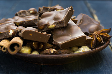 Composition of chocolate, nuts and spices.