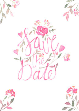 Save the date - Romantic invitation card with watercolor floral elements