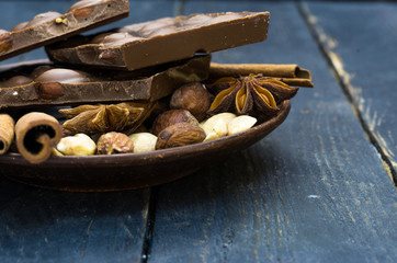 Broken chocolate bar and spices.