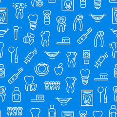 Dental Care Tooth Thin Line Seamless Pattern Background. Vector