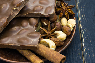 Decoration in a cafe. Decoration made of chocolate and spices.