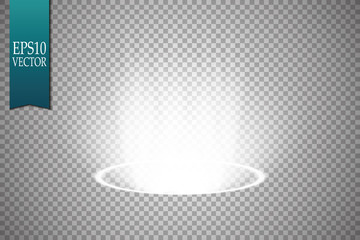 Fototapeta premium Magiczny portal fantasy. Futurystyczny teleport. Efekt świetlny. Promienie świetlne sceny nocnej i iskry na przezroczystym tle. Pusty efekt świetlny podium. Klub dyskotekowy na parkiecie.