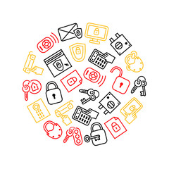 Keys and Locks Thin Line Round Design Template. Vector