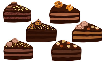 Set of chocolate cake with nuts and cream.  Portion. Cake cut sliced with cuttings. A piece of chocolate cake. Dessert close-up isolated on white background. Vector illustration.