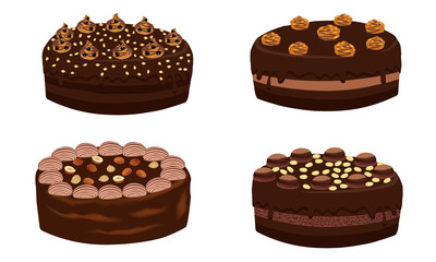 Set of chocolate cake with nuts. Dessert close-up.  Chocolate cake whole with nuts and cream isolated on white background. Vector illustration.