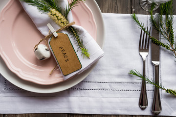 table decor with callistemon flower and a tag reading peaceable dec"able decor with"able decor with callistemon"""able decor with callistemon flower and a tag reading "