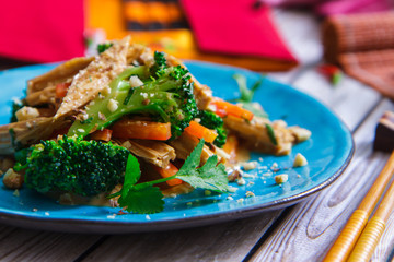Salad from soya asparagus and broccoli close-up. Fuzhou