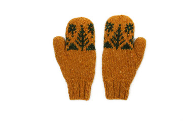 Yellow knitted mittens. View from above.