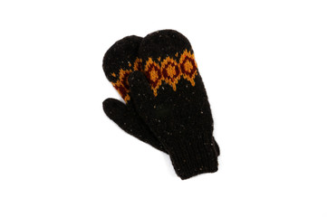 Brown knitted mittens. Handmade. Isolated. View from above.