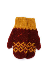 Reds with yellow handmade mittens on a white background. View from above.