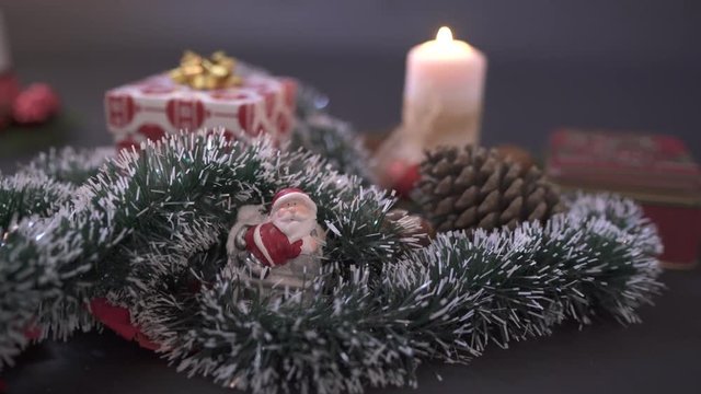 Green tinsel and Christmas ornaments