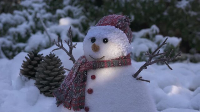 Snowman figurine and pine cones