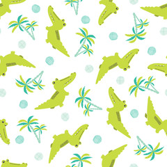 Seamless cartoon crocodiles pattern. Vector background with alligators and palms for kids design.