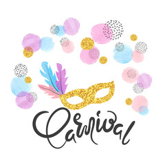 Carnival vector poster with golden mask and colorful watercolor confetti. Festival design.